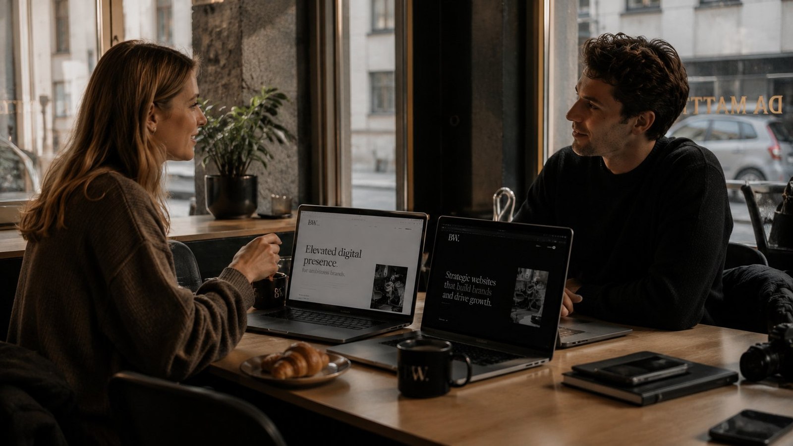 ByteWorks klientmöte i Göteborg — kreativt samarbete över kaffebord med BW-laptops