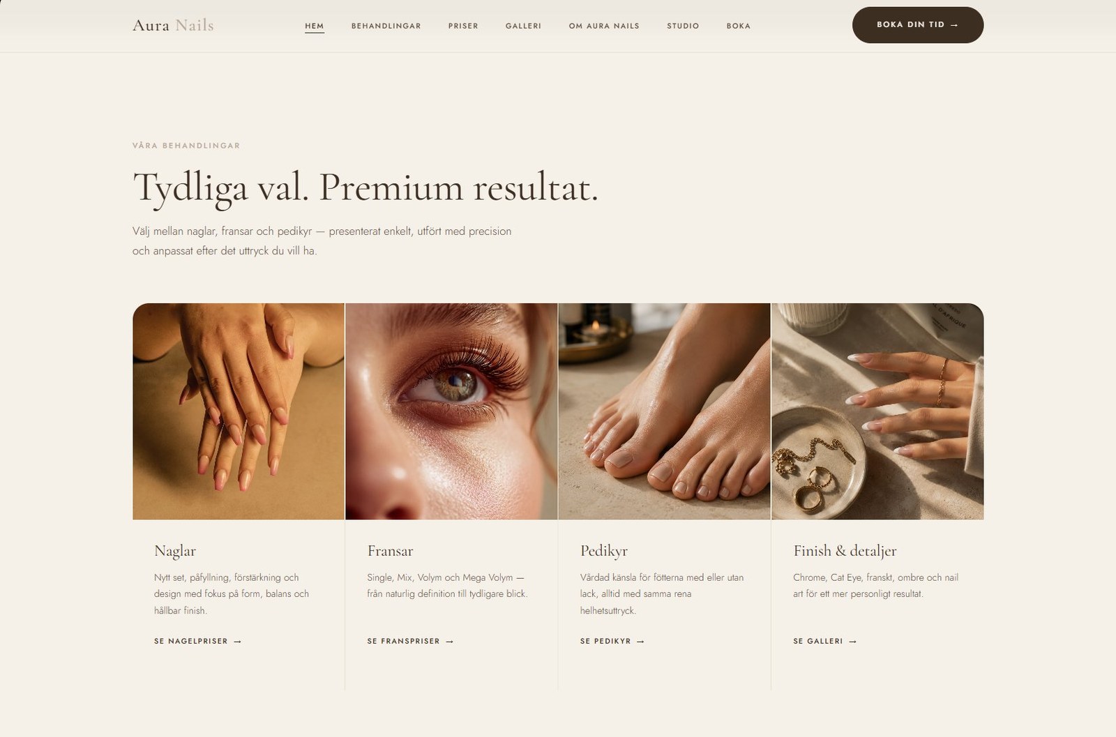 Aura Nails hemsida — behandlingar