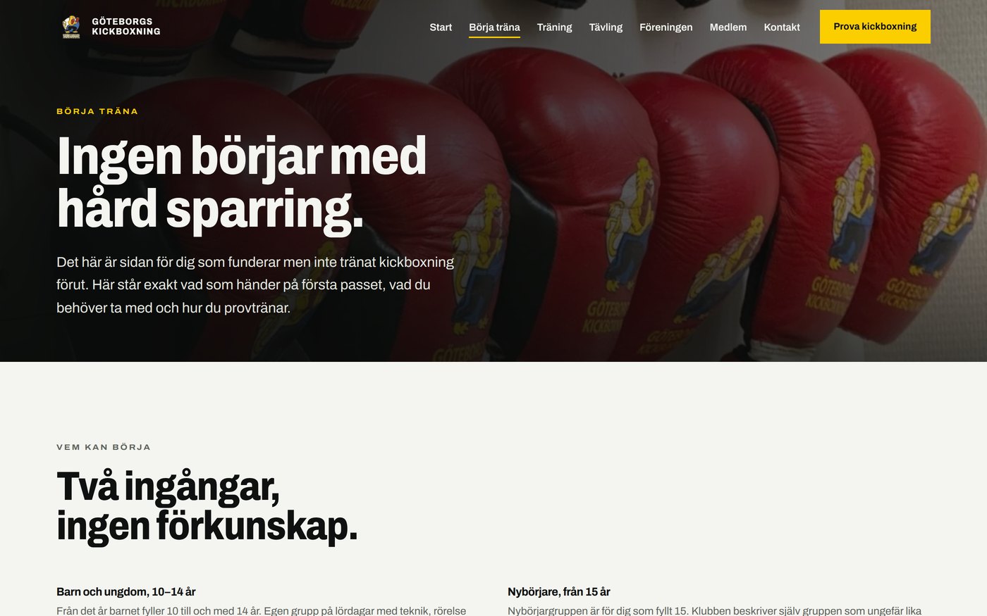 Skärmbild från webbplatsen för Göteborgs Kickboxning