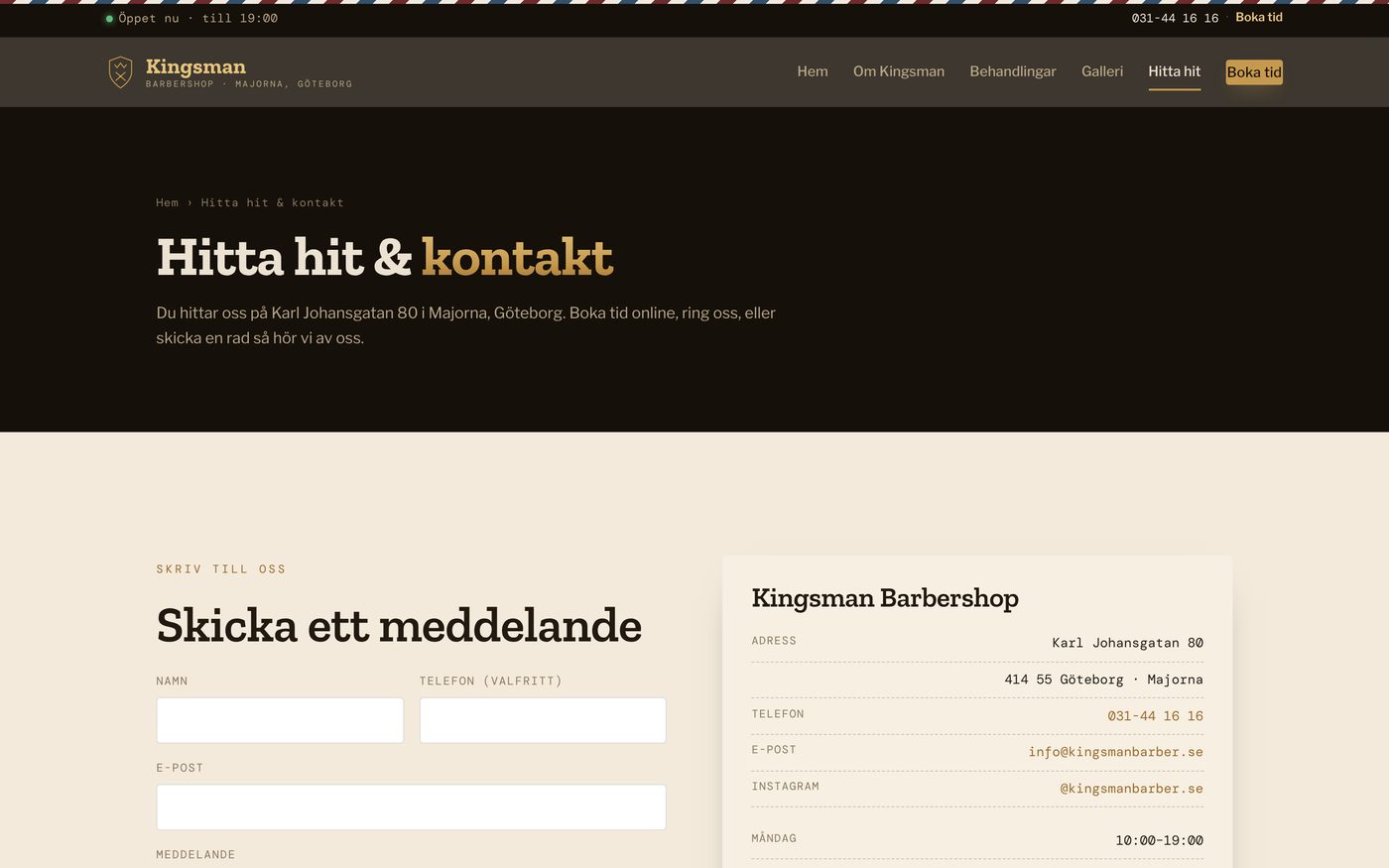 Skärmbild från webbplatsen för Kingsman Barbershop