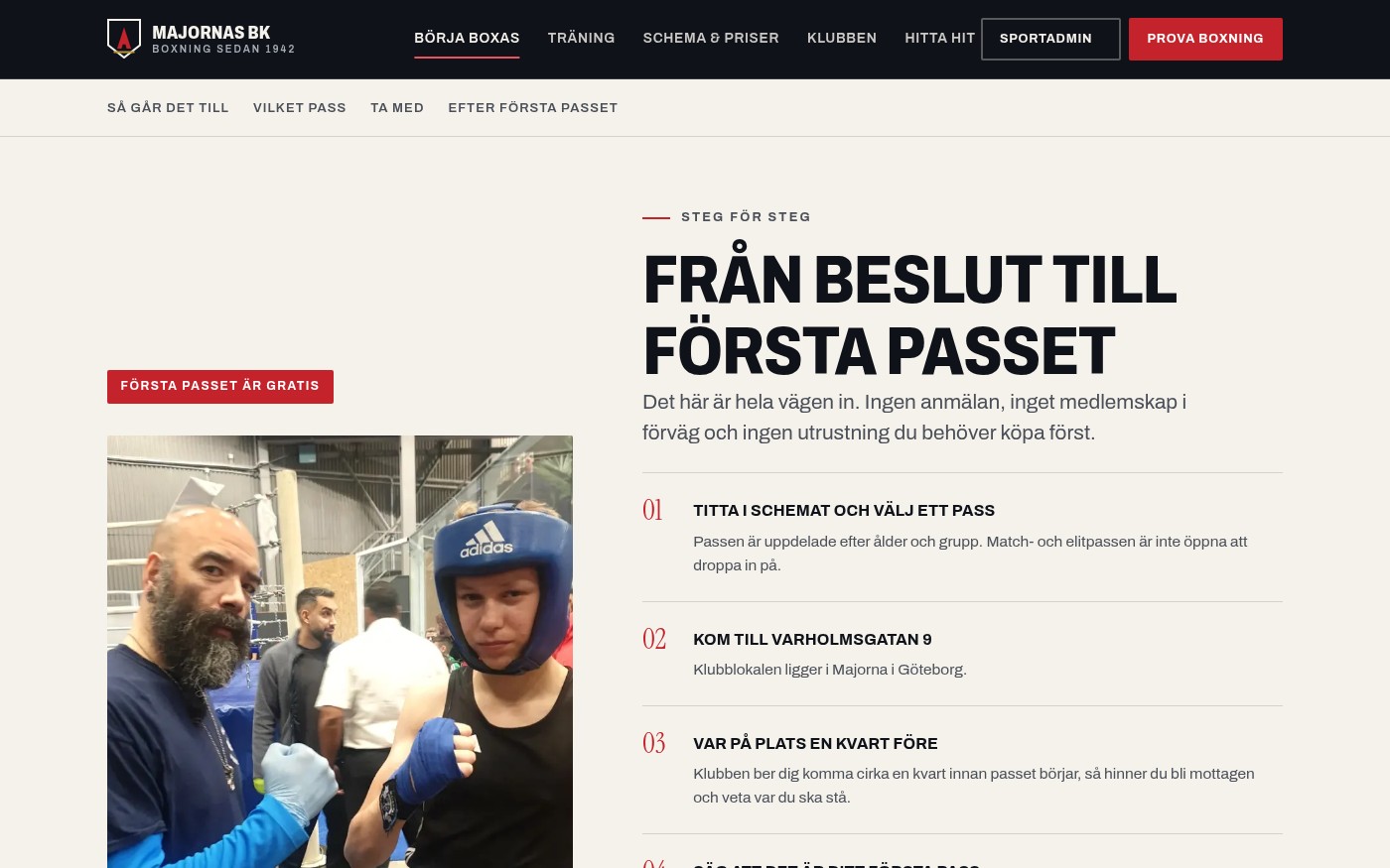Skärmbild från webbplatsen för Majornas Boxningsklubb