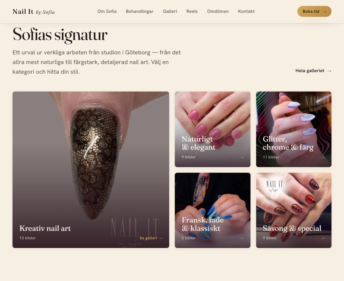 Skärmbild från webbplatsen för Nail It by Sofia