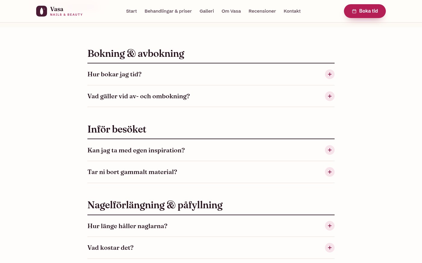 Skärmbild från webbplatsen för Vasa Nails & Beauty