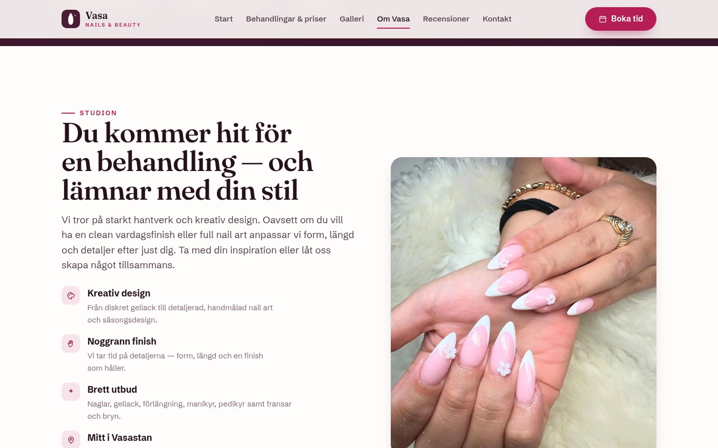 Skärmbild från webbplatsen för Vasa Nails & Beauty