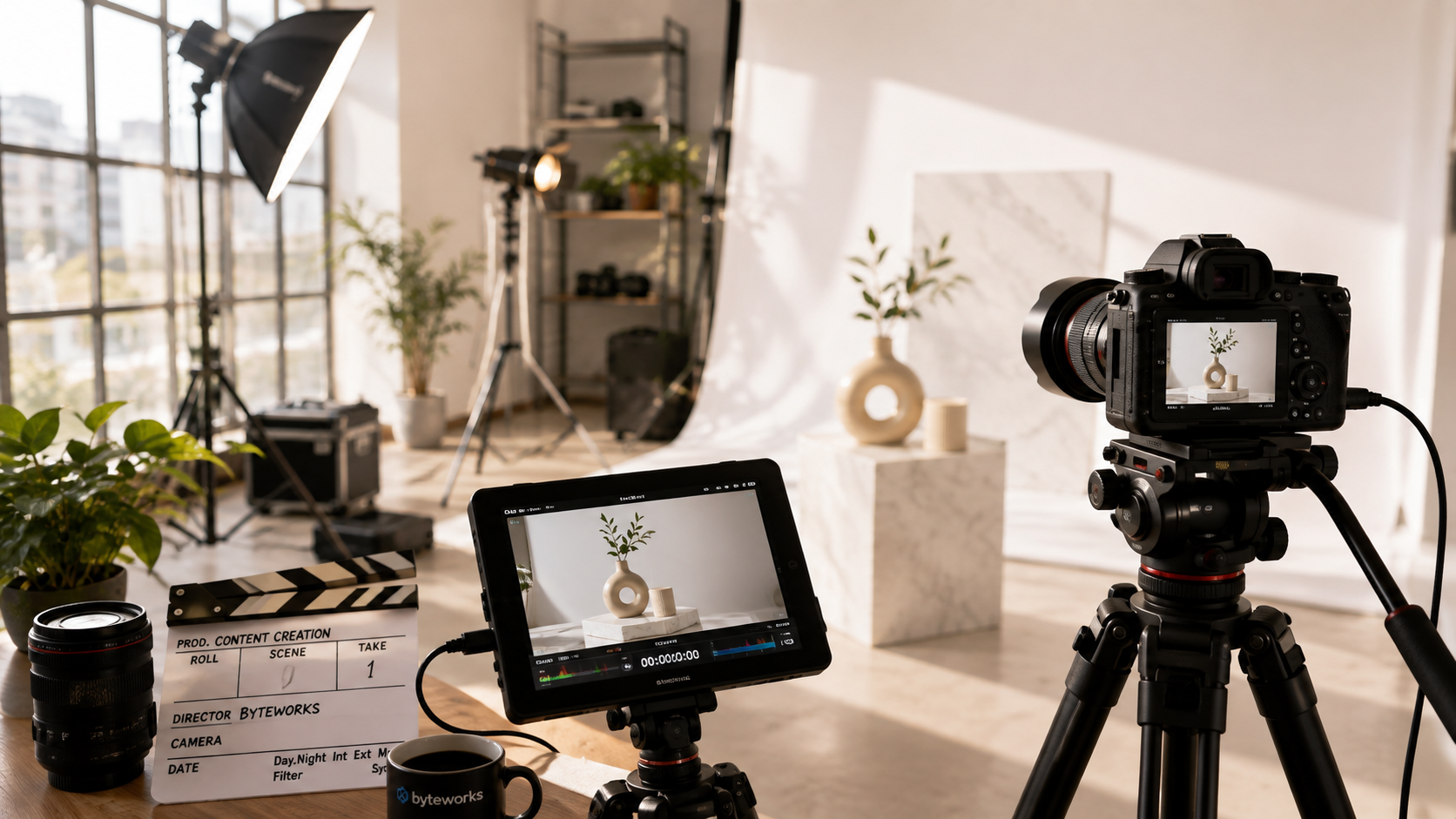 Illustration av en foto- och videoproduktion: kamera på stativ, ljussättning och inspelningsmiljö i en ljus studio