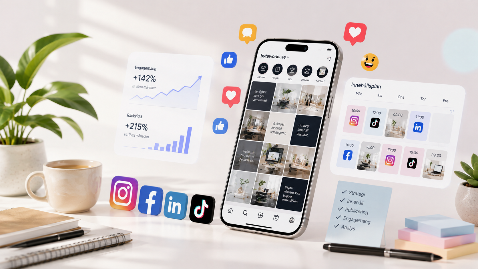 Illustration av arbete med sociala medier: ett flöde i mobilen, en innehållsplan per veckodag och kanalikoner