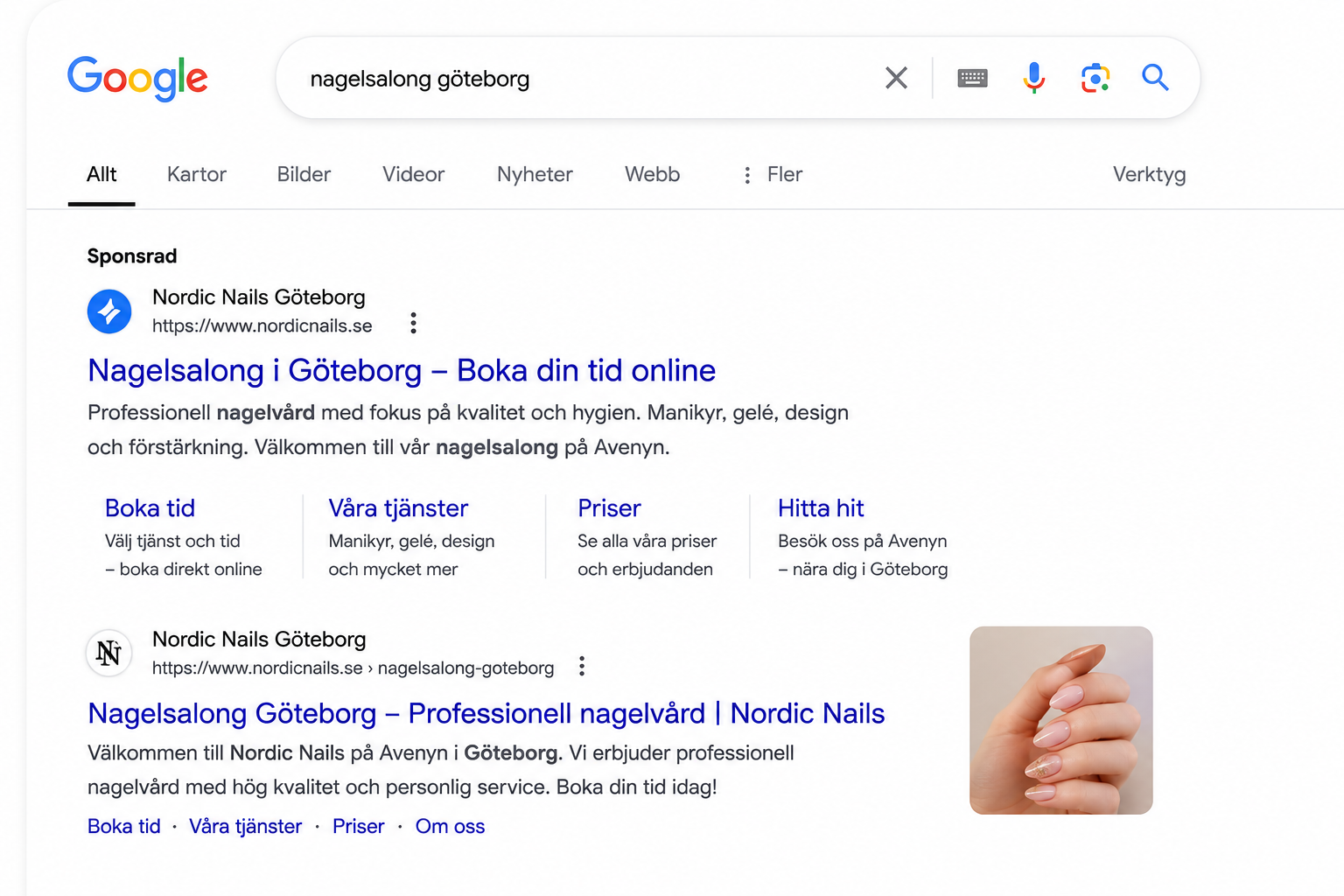 Ett Google-sökresultat där den sponsrade annonsen ligger överst